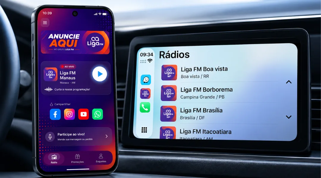 Aplicativo de rádio rodando no Apple CarPlay no painel do carro