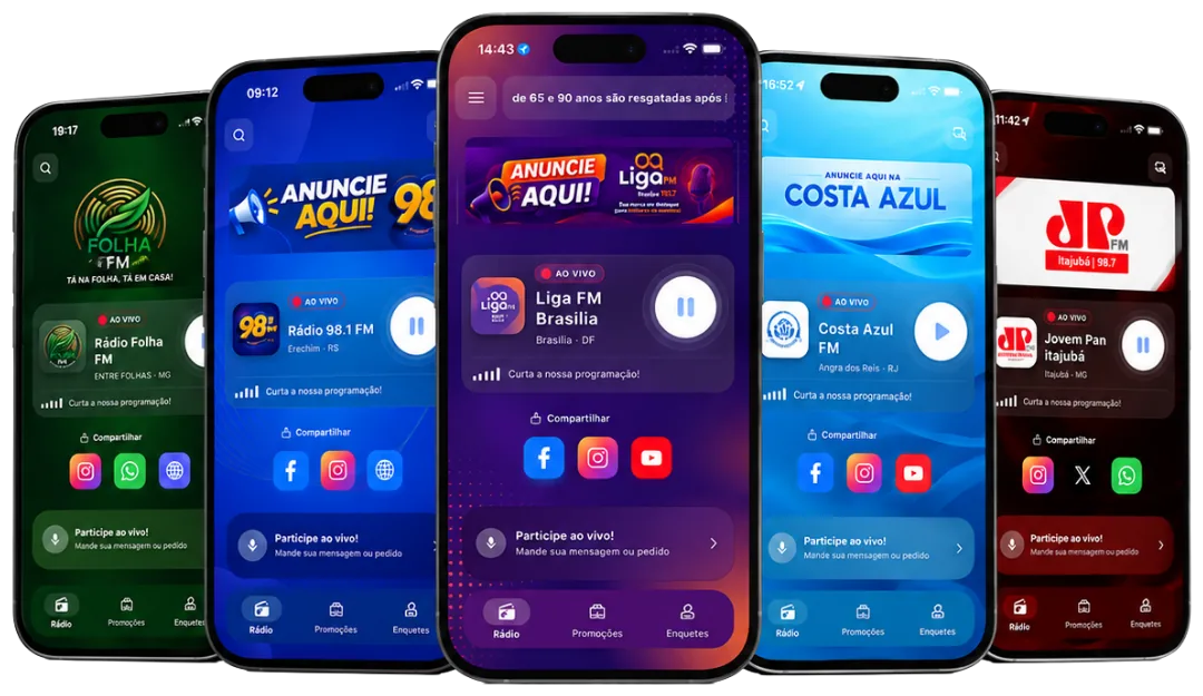 Aplicativos de rádio personalizados em cinco celulares