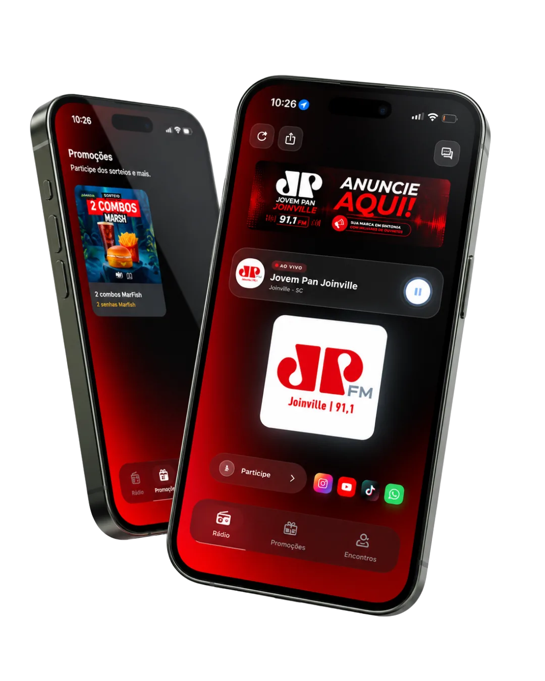 Aplicativo da Jovem Pan com tela de promoções em dois iPhones
