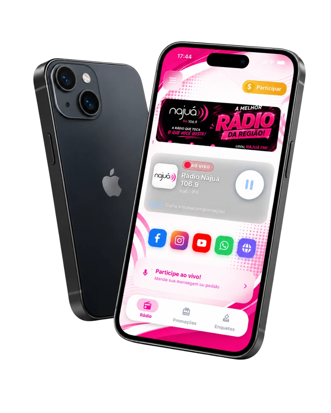 Aplicativo personalizado da Rádio Najuá em um iPhone